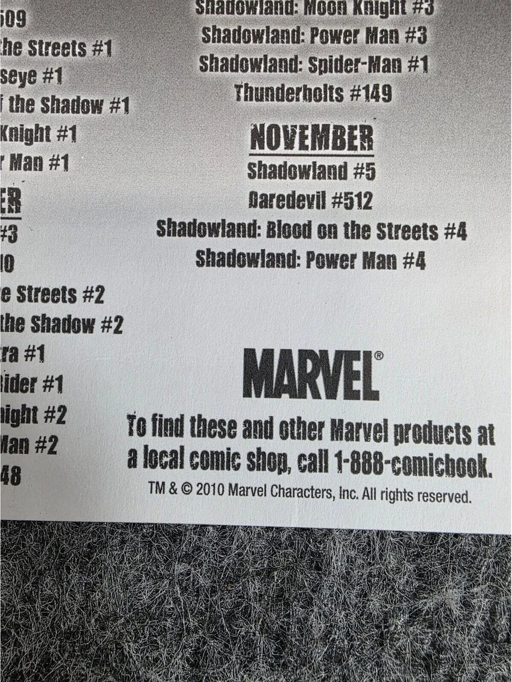 Marvel Shadowland Comic Promo Card 2010 Spider-Man Daredevil Moon Knight